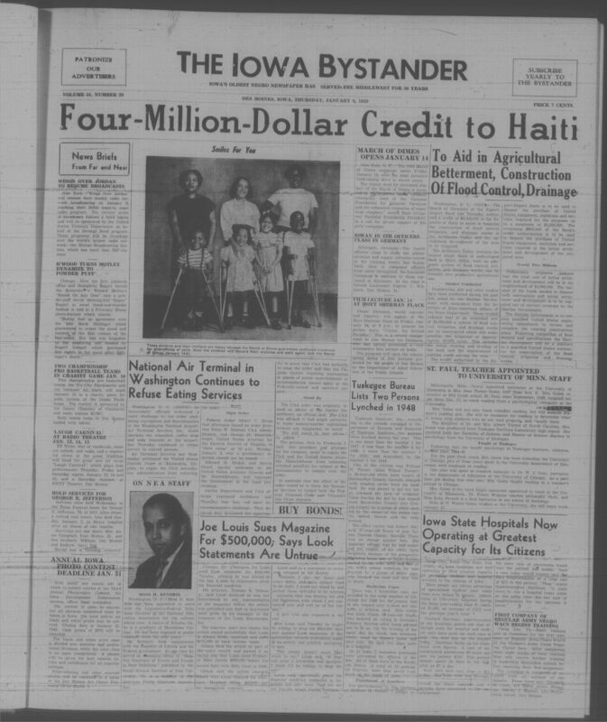 Contents include but are not limited to four-million dollar credit to Haiti, national air terminal in Washington to refuse eating services, Joe Louis sues magazine for $500,000; says look statements are untrue, Iowa state hospitals now operating at greatest capacity for its citizens, and other topics