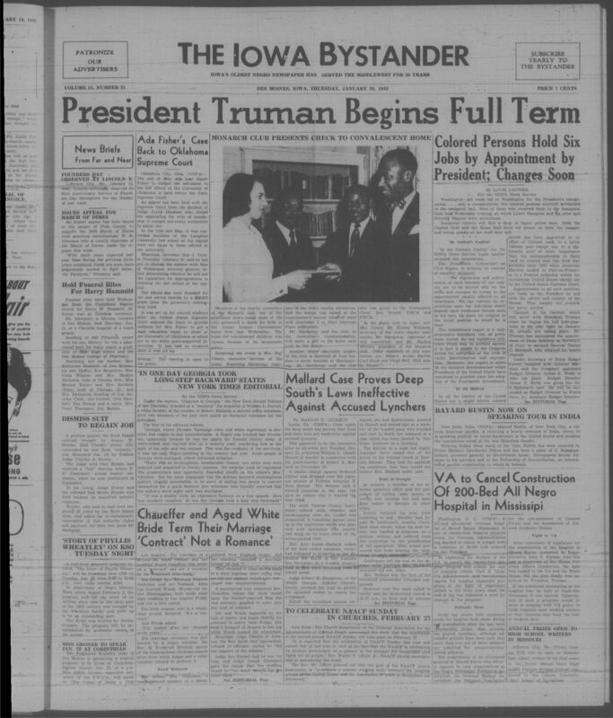 Contents include but are not limited to president Truman begins full term, Ada Fisher's case back to Oklahoma supreme court, Mallard case proves deep south's laws ineffective against accused lynchings, VA to cancel construction of 200-bed all black hospital in Mississipi, and other topics