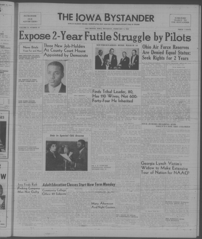 Contents include but are not limited to Democrats appoint Negro workers to key county jobs increasing representation in courthouse, New York Giants sign first colored players to integrate baseball organization, Ohio reserve pilots denied equal training exposing military discrimination, widow of lynching victim tours nation to expose injustice and push anti lynching laws, Drake community college expands courses to provide adult education opportunities, scholarship announced to support advanced graduate study for women, and other topics.