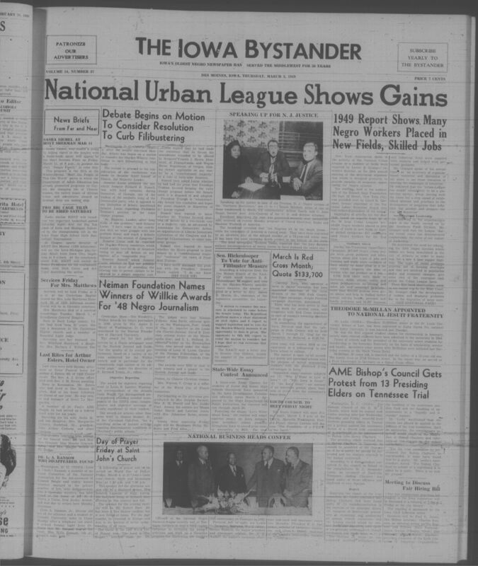 Contents include but are not limited to Senate begins debate to curb filibustering to change congressional rules, National Urban League reports placing Negro workers and expanding services nationwide, President Truman praises UN mediator Bunche for securing Israel Egypt armistice, Radio station schedules major basketball broadcast to cover key games, Iowa NAACP and groups push anti filibuster civil rights action, Red Cross launches county campaign to raise funds and recruit volunteers, Six men sentenced in major murder case prompting national concern over justice system, and other topics.