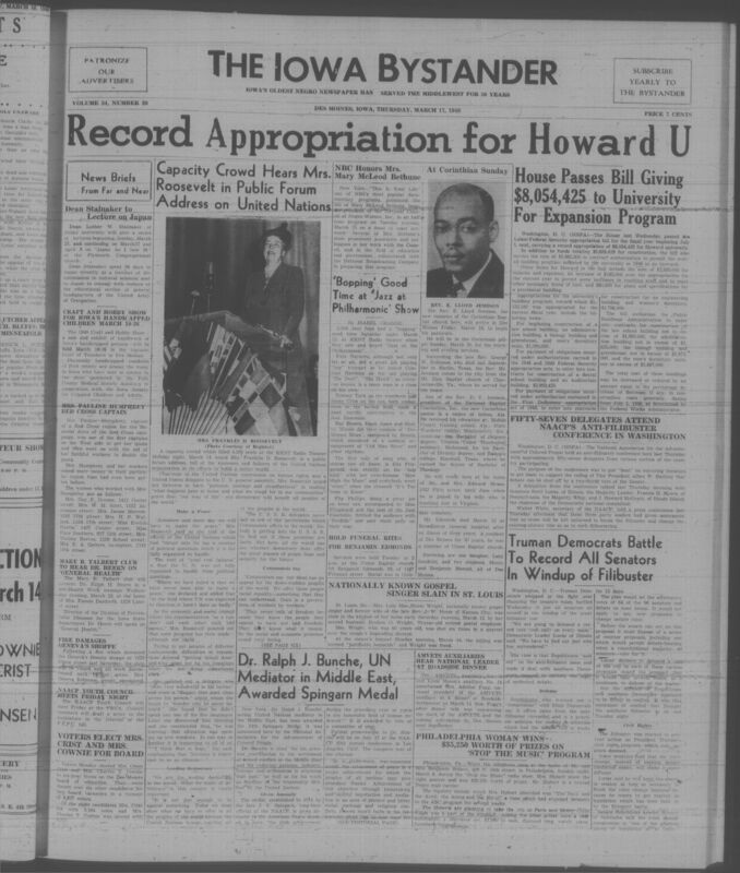 Contents include but are not limited to Mrs Roosevelt urges patience and democracy while assessing United Nations successes and failures, House passes 8054425 bill to expand Howard University buildings and programs, Craft and Hobby Show promotes skills and support for handicapped Iowans, NBC honors Mary McLeod Bethune with national broadcast celebrating her leadership, Rev Jemison arrives to lead Corinthian Baptist Church after predecessor death, Gospel singer Lula Mae Wright slain in domestic dispute ruled justifiable, Dr Ralph Bunche awarded Spingarn Medal for mediating Middle East peace, and other topics.