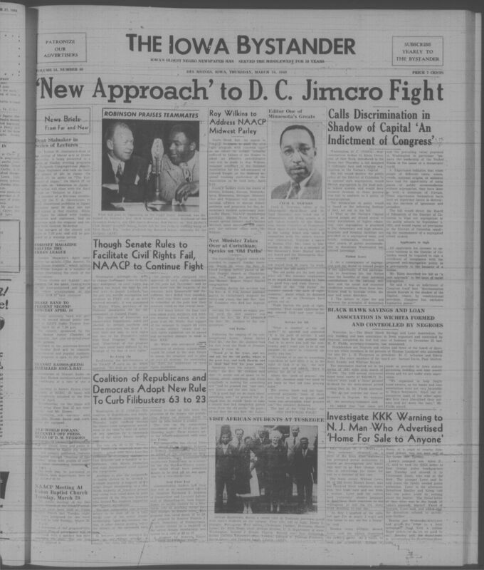 Contents include but are not limited to Senate coalition curbs filibusters to limit civil rights progress, NAACP leaders urge renewed civil rights push after setbacks in Congress, Roy Wilkins to address Midwest NAACP conference to strengthen programs, Drake University dean presents lecture series explaining life in Japan, Urban League work praised in national magazine highlighting race relations efforts, transit radios installed on buses to expand public broadcasting access, and other topics.