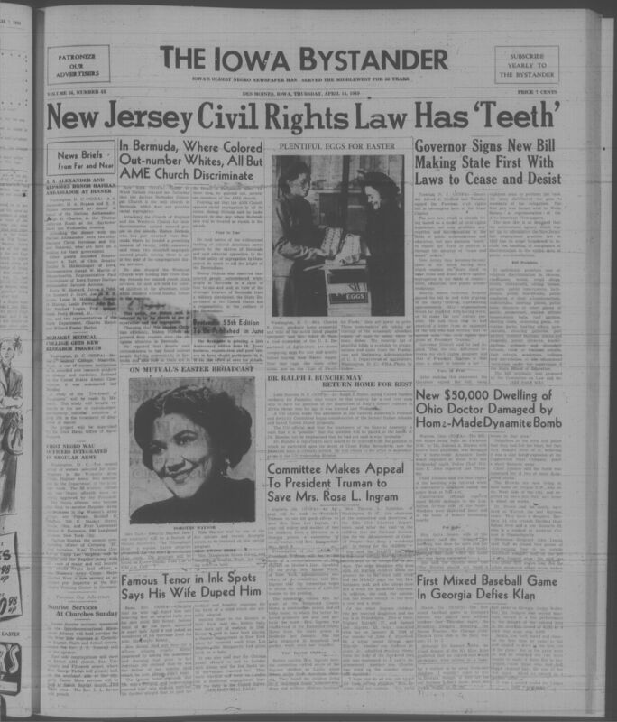 Contents include but are not limited to New Jersey enacts civil rights law to end discrimination and enforce equality with cease and desist orders, Meharry Medical College receives federal grant to research cancer treatment using radioisotopes, First Black women officers commissioned in regular Army to advance integration in military leadership, Bishop reports Bermuda churches enforce segregation except AME to expose racial discrimination, Bomb damages Black doctor’s home highlighting racial violence, and other topics. 