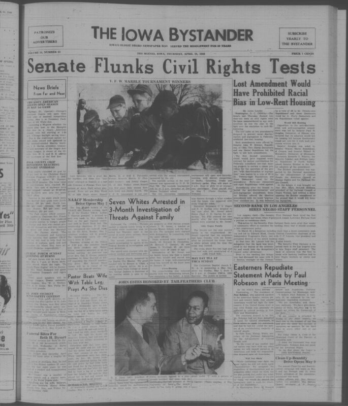 Contents include but are not limited to Senate rejects anti discrimination housing amendments weakening civil rights protections, NAACP launches membership drive to expand influence and reach annual quota, Negro baseball Giants open season continuing historic league competition, community crop program sends food aid overseas to relieve hunger, church forum discusses Truman civil rights report to inform public, pastor confesses killing wife revealing domestic violence case, arrests made after racial intimidation campaign against Black family, and other topics. 