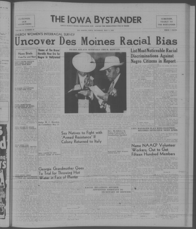 Contents include but are not limited to Church Women’s Interracial Survey Finds Negroes Denied Equal Citizenship in Des Moines, NAACP Youth Council Wins Court Case Ending Skating Rink Segregation, City Manager Government Wins Des Moines Election and Begins Structural Reform, Home of the Brave Premieres as First Hollywood Film Exposing Anti Negro Hatred, James A Evans Appointed Defense Department Official to Enforce Racial Equality, and other topics. 