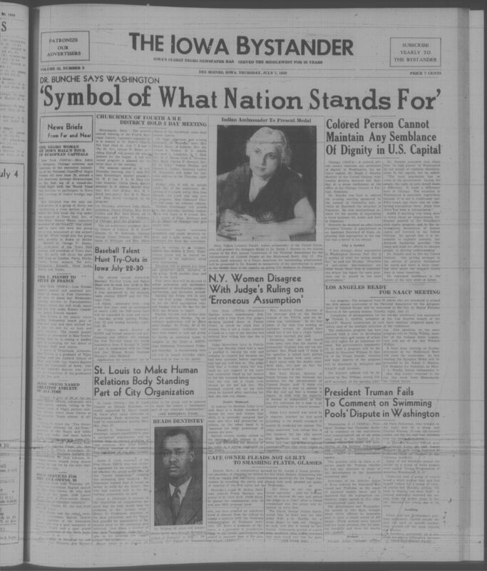 Contents include but are not limited to Los Angeles ready for NAACP meeting, Indian ambassador presents Spingarn Medal to Dr. Ralph J. Bunche, messages and opinions from Dr. Bunche, New York women disagree with judge’s ruling on “Non-Virgin Marriage” fraud case, Jesse Owens named “greatest athlete of all time”, and other topics.