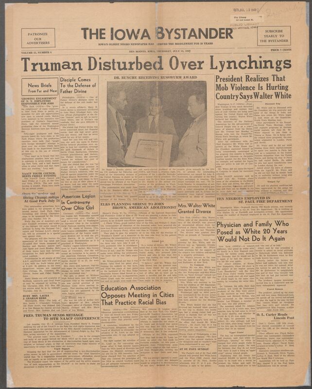 Contents include but are not limited to President Truman supposedly disturbed by lynching and mob violence according to Walter White, Black employment at St. Paul fire department, Black man who posed as a white person for 20 years with family in New England says he “would not do it again”, Dr. Ralph J. Bunche receives Russwurm Award, disciple comes to the defense of Father Divine (cult leader), President Truman sends a message to 40th NAACP conference, and other topics.