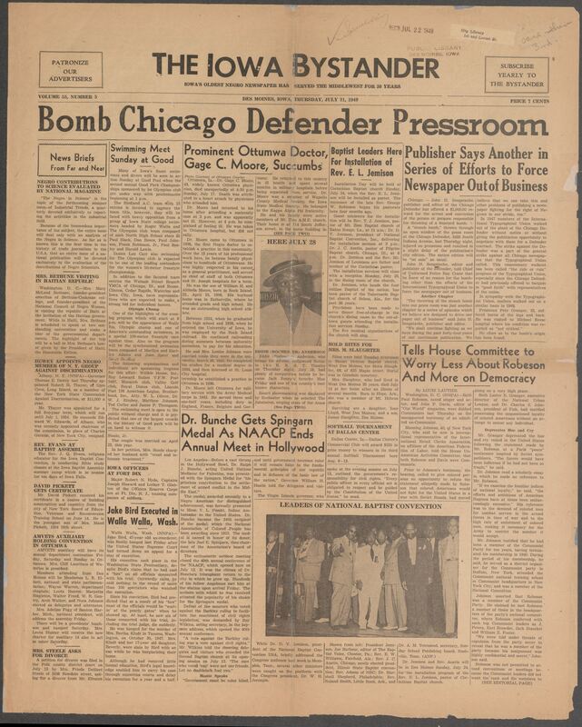 Contents include but are not limited to $1000 bounty offered for arrest and conviction of person who threw “mustard bomb” at the Chicago Defender press room, Installation Day to be held at Corinthian Baptist Church for installation of Rev. E. L. Jemison, prominent Ottumwa doctor, Gage C. Moore, passes away unexpectedly, Governor Dewey appoints Black man, Robert H. Thayer, as a member of the New York State Commission Against Discrimination, image of leaders of National Baptist Convention with descriptions of names from left to right, and other topics.