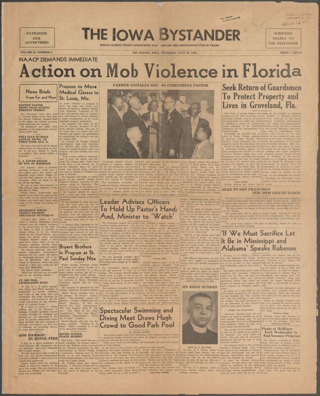 Contents include but are not limited to a second request made by NAACP member Madison S. Jones for the arrests of mobs terrorizing the Groveland, Florida, area, image of the installation of Rev. E. L. Jemison as Corinthian pastor, proposal to move the 3rd and 4th year medical classes from Nashville, Tennessee to St. Louis, Missouri, 50th Grand Lodge session of Elks to be held in San Francisco, $500 damage in hotel fire near 832 Keosauqua Way, and other topics.
