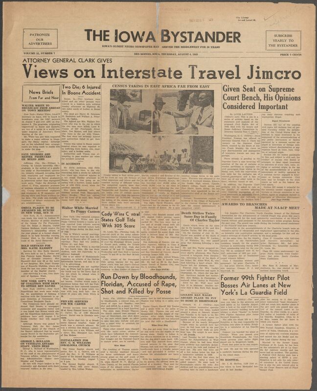 Contents include but are not limited to 2 deaths and 6 injured in Boone auto collision accident, census taking in East Africa far from easy, analysis of proposed Civil Rights Act of 1949 by Tom C. Clark, awards to branches made at NAACP meeting, rumored marriage between Walter White and Poppy Cannon, Black man accused of various crimes ran down by bloodhounds and shot and killed by posse, possible coalition forming between New York Republicans and Democrats to oppose reelection of Benjamin Davis, and other topics.