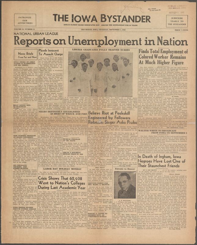 Contents include but are not limited to National Urban League Reports on Unemployment in Nation Finds Total Employment of Colored Worker Remains at Much Higher Figure, Liberia Graduates Fully Trained Nurses, Believe Riot at Peekskill Engineered by Followers Robeson; Singer asks Probe, Crisis Shows That 62,938 Went to Nation’s Colleges During Last Academic Year,Ingham Passes Away, Negro Edgar Davis Recognized as Hero of Wreck and Fire, and other topics. 