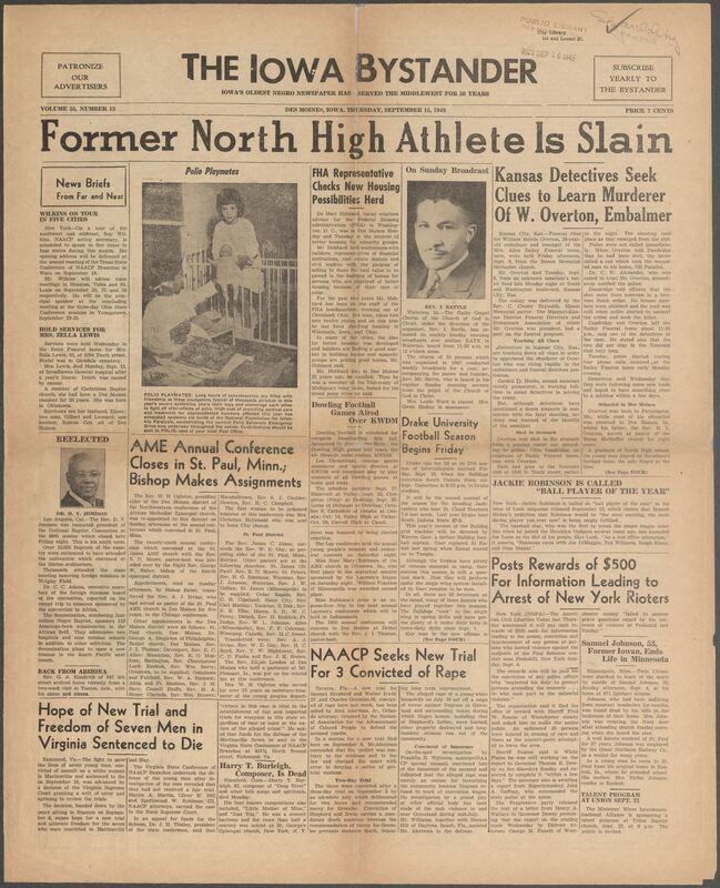 Contents include but are not limited to Former North High Athlete Murdered, AME Annual Conference Closes in St. Paul, Minn.; Bishop Makes Assignments, 7 Virginian men sentenced to die after unfair trial, NAACP seeks new trial for 3 convicted of rape, five-hundred dollar reward for information on violent New York rioters, FHA rep. checks new housing possibilities herd, and other topics. 