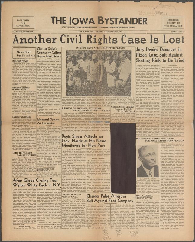 Contents include but are not limited to Civil Rights case is lost; Jury Denies damages in Nixon case; suit against skating rink to be tried, East African coffee plants, Begin Smear Attacks on Gov. Hastie as His Name  Mentioned for New Post, Walter White back in New York, False arrest in suit against Ford company,  and other topics. 