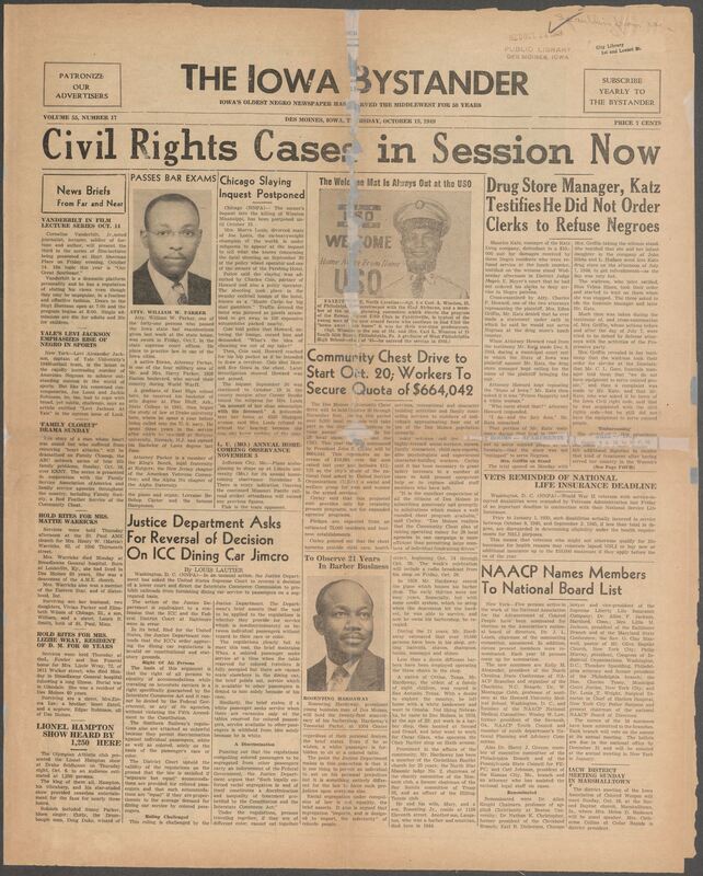 Contents include but are not limited to Civil Rights cases in session now; Drug store manager says he did not order his clerks to refuse negroes, Chicago muder inquest postponed, Community Chest: Drive to Start Oct. 20; Workers To Secure Quota of $664,042, Justice Department Asks For Reversal of Decision On ICC Dining Car Jimcro, NAACP names members to national board list, and other topics. 