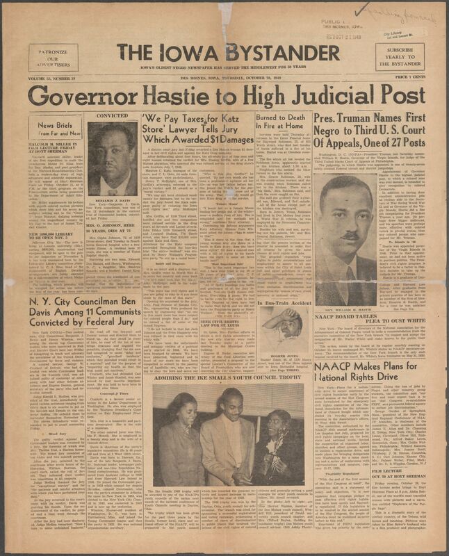 Contents include but are not limited to President Truman is first to nominate a Black man, William H. Hastie, for Third U.S. Court of Appeals, NAACP board of directors vote to “request and accept the resignation of Walter White”, NAACP plans for a national rights drive, fire kills a man in his own home, district court jury awards Des Moines woman $1 in damages, N.Y. City Councilman Ben Davis convicted by Federal Jury, and other topics.