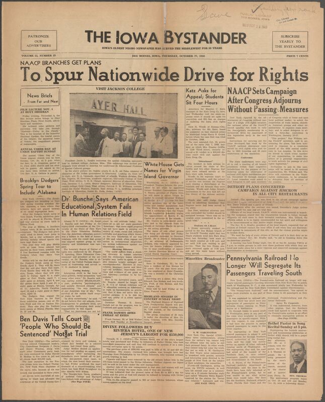 Contents include but are not limited to NAACP launches nationwide civil rights campaign after Congressional inaction, drug store manager appeals conviction for refusing Black customers, Detroit NAACP campaigns against restaurant discrimination and Jim Crow, Pennsylvania Railroad ends segregation on southbound interstate trains, candidates recommended for Virgin Islands Governor to succeed Hastie, Ralph Bunche criticizes education system’s failure in human relations, and other topics