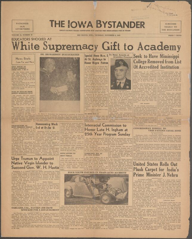 Contents include but are not limited to President Truman urged to de-accredit college for teaching white supremacy, Powell investigates discriminatory Gold and Silver payroll system in Panama, Truman welcomes Indian Prime Minister Nehru to the United States, Lincoln Post 126 holds Armistice Day program at church, Truman urged to appoint native Virgin Islander as Governor, four Des Moines youths injured in train-auto collision, and other topics.