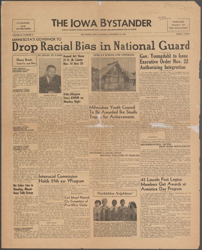 Contents include but are not limited to Governor Youngdahl issues executive order integrating Minnesota National Guard, Northern Rhodesia school trains African WWII veterans for civilian trades, Milwaukee NAACP Youth Council wins Ike Smalls Award for achievement, Jack Smith’s radio program features Duke Ellington promoting interracial understanding, Arthur Bryant studies music in Paris using GI Bill funds, worker wins settlement for discrimination on Brooklyn-Battery Tunnel project, and other topics.