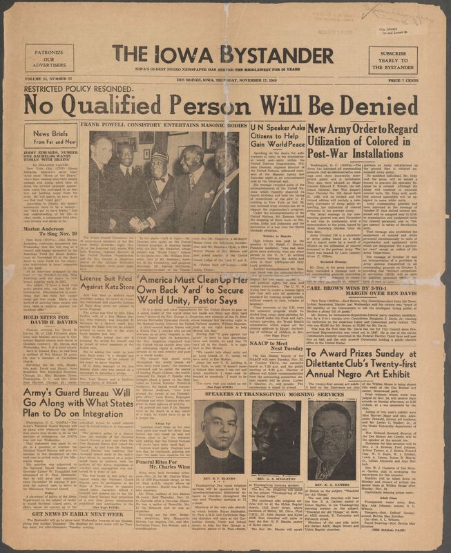 Contents include but are not limited to U.S. army revises policy allowing Black specialists in white units, U.N. official addresses Masons on peace and human rights, pastor critiques American hypocrisy regarding race and world leadership, Frank Powell Consistory hosts event with UN and clergy speakers, actor Jimmy Edwards seeking wife and states his standards, Marian Anderson announces benefit concert for Israel Institutions, National Guard allows states to integrate units individually, and other topics.