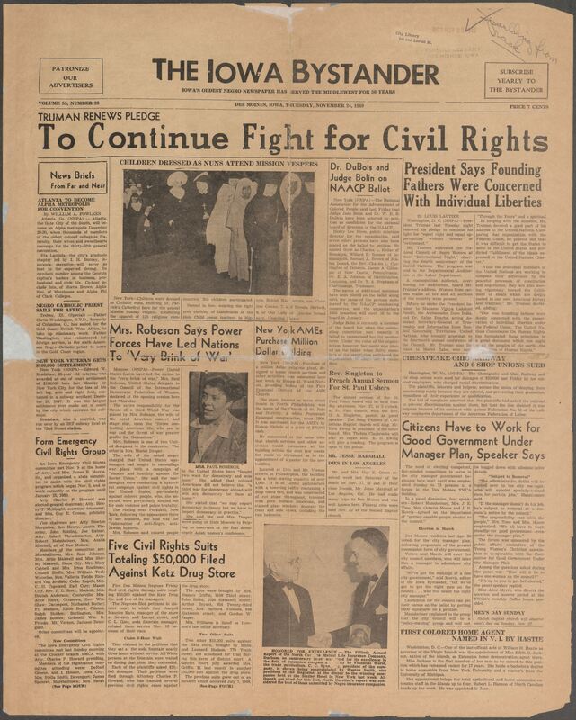 Contents include but are not limited to Truman pledges equal rights at National Council of Negro Women, DuBois and Bolin nominated for NAACP board by petition, Black workers sue Chesapeake-Ohio Railway and unions for discrimination, AME Church purchases massive North Philadelphia church building, Des Moines citizens discuss city manager plan and council elections, five damage suits filed against Katz Drug Store for discrimination, Mrs. Paul Robeson criticizes US racism and warmongering in Moscow, and other topics.