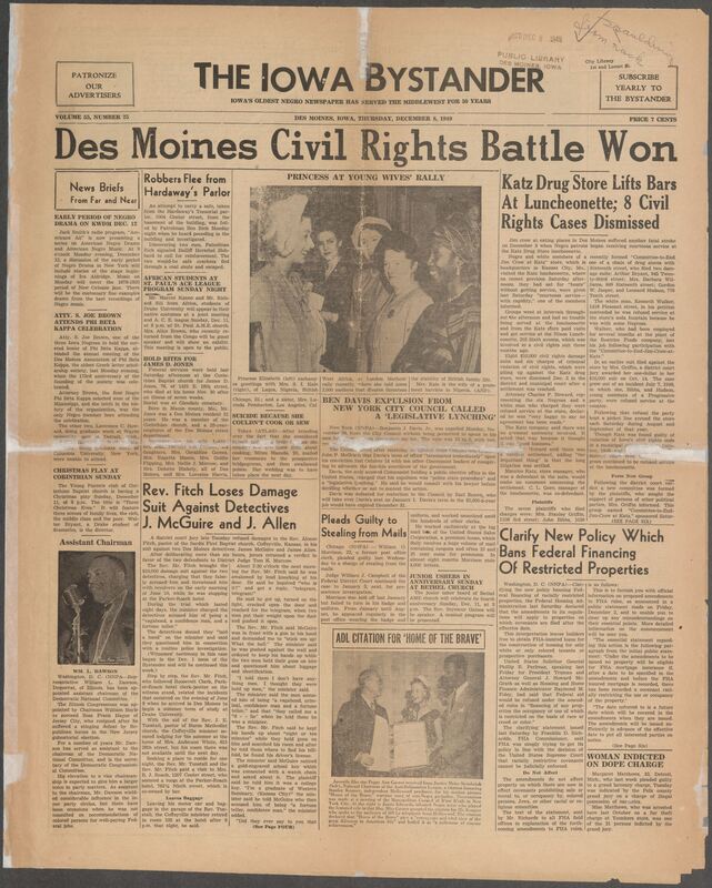 Contents include but are not limited to Katz Drug Store ends segregation policy and civil rights suits dismissed, FHA bans insurance for properties with new restrictive covenants, Ben Davis expelled from City Council after Communist conviction, jury rules against minister in suit against Des Moines detectives, police foil attempted safe robbery at Hardaway’s Tonsorial Parlor, radio program highlights history of Black drama and jazz, and other topics.