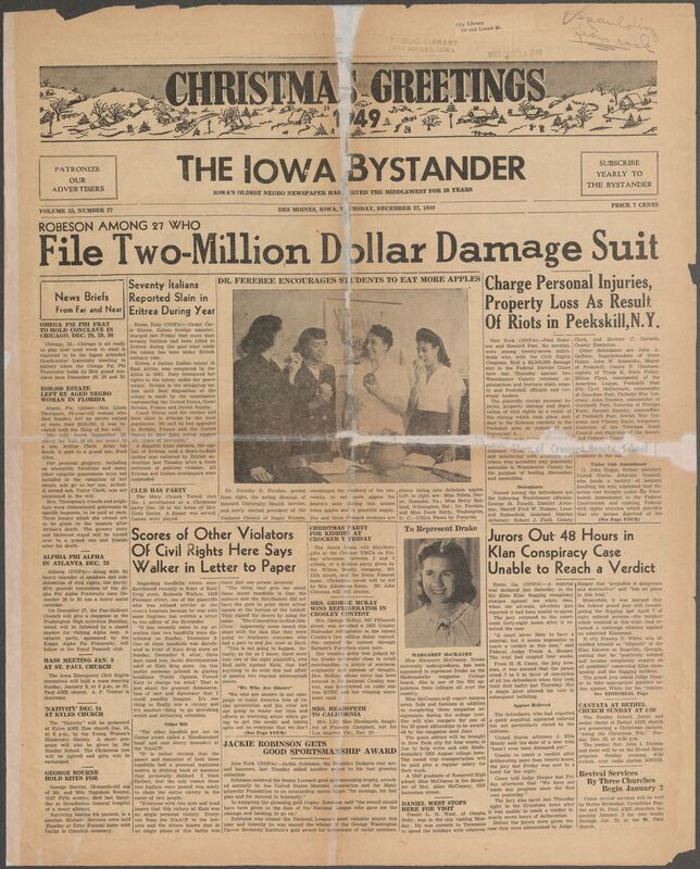 Contents include but are not limited to Robeson and others sue for $2 million over Peekskill riots, mistrial declared in Georgia Klan flogging case after jury deadlock, Italy reports seventy citizens killed in Eritrea under British rule, activist criticizes divisive handbills following Katz Drug Store victory, 92-year-old Black woman leaves $100,000 estate in Florida, Alpha Phi Alpha fraternity plans convention in Atlanta, and other topics.