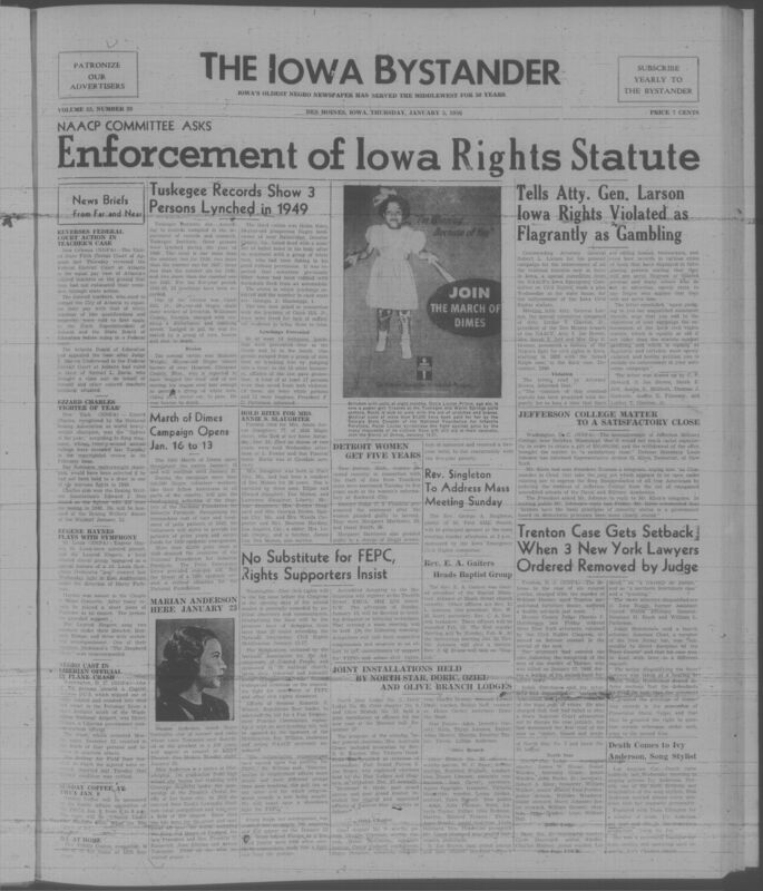 Contents include but are not limited to NAACP Committee Demands Enforcement of Iowa Civil Rights Statute to End Discrimination, Federal Appeals Court Reverses Atlanta Teacher Pay Case Over Equal Salaries, Tuskegee Institute Reports Number and Details of Lynchings in 1949, January March of Dimes Campaign Launched to Fund Polio Treatment and Prevention, and other topics. 