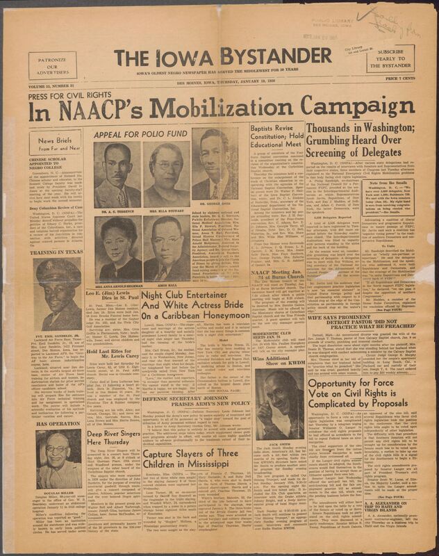 Contents included but are not limited to Historic Newspaper issue covering civil rights advocacy, national and local news briefs, obituaries, military training updates, church, and community announcements, legal notices, social events, club meetings, civic updates, editorials, and advertisements.
