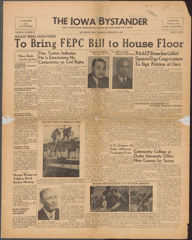 Contents include but are not limited to political, social, and civic dynamics of mid-century African American life in Iowa, with particular emphasis on national civil rights advocacy and local community organization. The newspaper foregrounds the NAACP's campaign to secure congressional signatures for bringing the FEPC bill to the House floor and highlights President Truman's refusal to compromise on civil rights legislation. Alongside this national discourse, local events such as a Des Moines streetcar explosion, church programs, civic club activities, and educatinal initiatives undersocre the daily experiences and institutional engagements of Black Iowans. Political developments, including reelection announcements from Senator Bourke B. Hicknlooper and Governor William Beardsley, are contextualized within discussions of Black voter mobilization and the significance of unified political action. Community life is richly represented through coverage of weddings, cultural programming, youth activities, and the work of organizations such as the Urban Legaue and YWCA. Collectively, the issue provides a multifacted portrayal of African American civic participation, social life, and political advocacy at a pivotal moment in the early civil rights era.