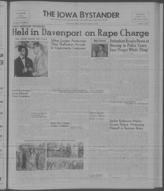 Contents include but are not limited to Two Missouri men bound over to court in Davenport on alleged rape charges, National Urban League announces Thalheimer Awards to guide youth vocational opportunities, Key prosecution witness breaks down and asks court to drop case during police hearing, California newspaper publisher flees hospital after night rider attack and turns up safely, NAACP praises passage of Cleveland fair employment law and pushes for stronger federal action, and other topics. 