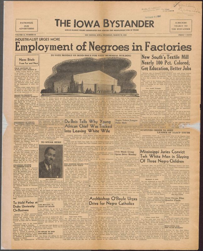 Contents include but are not limited to African American newspaper featuring news on civil rights, community events, and national issues affecting Black Americans in the mid-20th century. The front page highlights economic changes in the South especially a textile mill in Alabama employing an almost entirely Blakc workforce alongside local Des Moines news such as a bond vote for a veterans memorial building, upcoming cultural programs, and NAACP activities. The issue also reports on racial tension and political controversies, including the forced exile of Seretse Khama, discrimination cases, and a Mississippi trial involving the murder of Black children. Social updates, church notes, community club meetings, advertisements, and personal announcements fill the remaining pages, capturing both the struggles and daily life of Afircan Americans during that era.