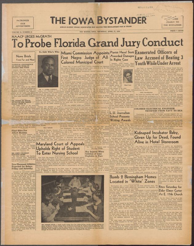 Contents include but are not limited to reproting on major civil rights developments and local community news. Key stories include the NAACP'S successful effort to secure Esther McCready's admission to the University of Maryland nursing school, the appointment of Lawson E. Thomas as Miami's first Black municipal judge, and painist Hazel Scott winning damages after being denied service beacuse of her race. The paper also covers investigations into police brutality in Florida, highlights Black athletes competing in the Drake Relays, announces community events, church activities, social gatherings, obituraies, and weddings, offering a snapshot of African American life, struggle, and progress during that era.