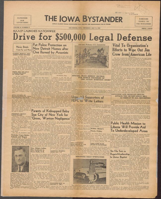 Contents include but are not limited to reports on major civil rights efforts and national events affecting African Americans, including NAACP campaigns for legal defense fundin, federal anti-discrimination initiatives, and voilent resistance to Black homeownership in Detroit. It highlights political activism such as opposition to the Mundt-Nixon bill, pushes for a febderal FEPC, and endorsements for local candidates while also covering community news like church activities, social club events, births, deaths and graduations. The paper features national stories abut racial ineuqality, medical developments, and international policy, alongside local Desmoines happenings, advertisements, and cultural notes, reflecting both the struggles and everyday life of Black Iowans and the broader African American community in 1950