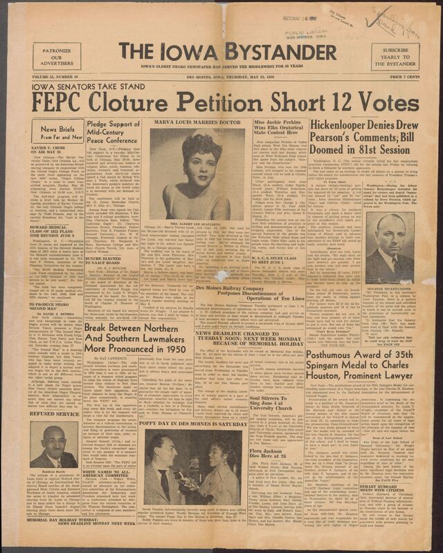 Contents include but are not limited to reports on major national and local civil rights developments, focusing heavily on the defeat of the Fair Employment Practices Commission (FEPC) bill in the U.S. Senate, where Iowa senators Hickenlooper and Gillette supported cloture but the motion fell 12 votes short due to Southern oppostion. The paper also highlights community achievements including Miss Jackie Perkins winning the state Elks Oratorical Contest, Marva Louis's marriage to Dr. Albert Spaulding, and Dr. Ralph Bunche's election to the NAACP Board. Locally, the edition covers Des Moines events such as youth programs, church gatherings, upcoming music performance like the Soul Stirrers, and civic activities from the NAACP and women's associations. It also features political ads, personal news, and social announcements, painting a vivid picture of African-American life, advocacay, and culture in Iowa during 1950