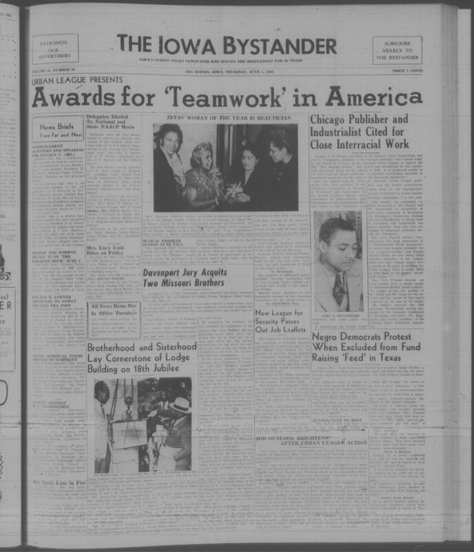Contents include but are not limited to Woman of the Year Honored for Leadership in Beauty Culture, National Urban League Names Dwight Palmer and John Sengstacke for Interracial Cooperation Award, Jury Acquits Two Missouri Brothers in Davenport Rape Trial, Texas Democrats Rally Around Barkley to Stress Party Unity, Urban League Launches Campaign Protesting Job Discrimination and Transit Exclusion, and other topics. 