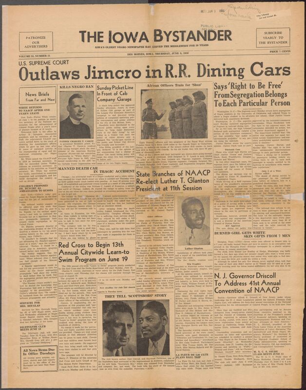 Contents include but are not limited to African American newspaper reporting major civil-rights milestones most notably U.S. Supreme Court rulings striking down segregation in railroad dining cars and ordering desegregation at universities in Oklahoma and Texas alongside local activism such as Des Moines picketing against discriminatory hiring. It also includes community news, church events, social gatherings, club activities, tragic accident reports, youth programs, sports updates, and advertisements, giving a detailed snapshot of Black life and civil-rights progress in the Midwest during that period.