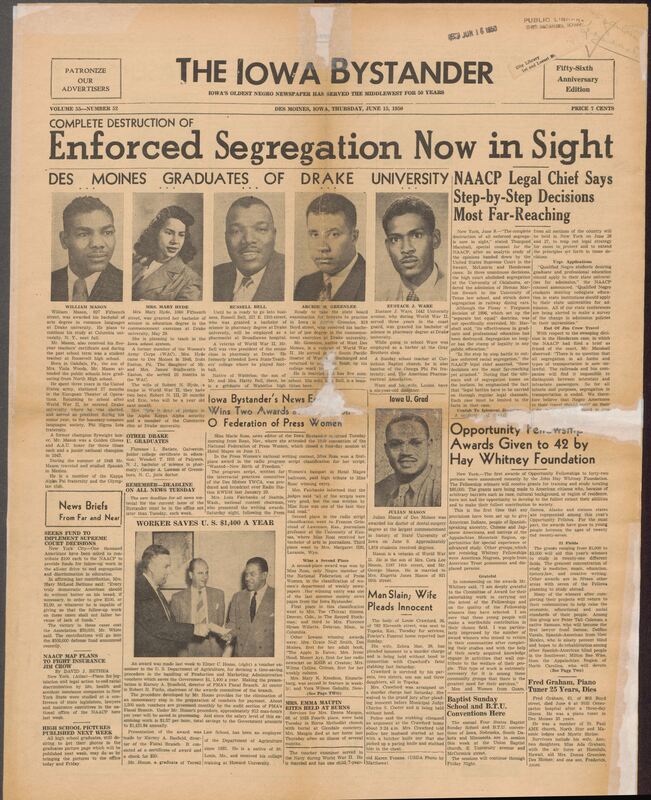 Contents inlcude but are not limited to Iowa's oldest African American newspaper, covering community news, achievements, and national civil rights developments. The issue highlights local graduates from Drake University and the State University of Iowa, community events, church activities, and human-interest stories such as reunions, honors, and family milestones. Nationally, it reports major civil rights progress, including NAACP legal victories aggainst segregation in education and transportation, fundraising efforts to support these legal battles, and broader advocacy for equal opportunities. The paper also features updates on social clubs, obituaries, youth programs and entertainment, offering a comprehensive picture of African American life in Iowa durign the era.