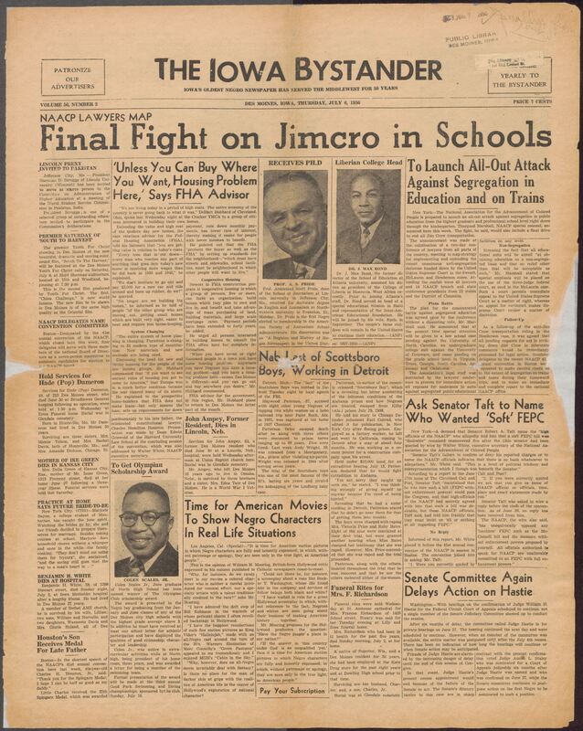 Contents include but are not limited to reports on major national and local events affecting Black communities, including NAACP initiatives to fight segregation in education and transportation, political disputes over civil-rights enforcement, and community reactions to discriminatory practices. It features news about notable figures, international invitations, housing challenges, cultural commentary on media representation, and updates on local church activities, social events, deaths and weddings. The paper also highlights achievements of students and veterans, community service projects and social gatherings, reflecting both the struggles and everyday life of African Americans in Des Moines and across the country during the mid-20th century.