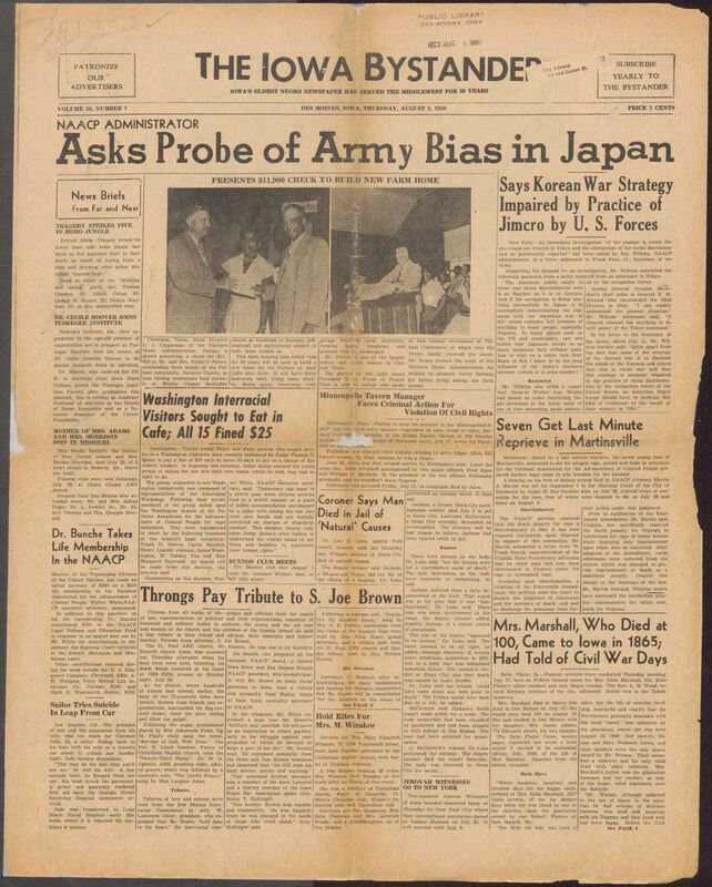 Contents include but are not limited to major national and local news affecting African americans, including the NAACP'S demand for an investigation into racial discrimination against Black U.S. troops stationed in Japan and concerns that Jim Crow practices by American forces were damaging the Korean War effort. The paper also reports tragedies such as the deaths of five men in a Michigan "hobo Jungle," civil rights violations in Minneapolis where a tavern owner refused service to a Black patron, and the sentencing of fifteen people in Washington, D.C. for seeking service at a segregated cafeteria. Local Iowa stories include community events, church activities, obituaries, social gatherings, and features on natable individuals such as actress Jacqueline Hoover and athlete Jackie Robinson, whose biographical film was being promoted. Throughout the issue, the newspaper highlights ongoing struggles for equlity, legal battles against discrimination, and everday life within the Black community across Des Monies and the Midwest.