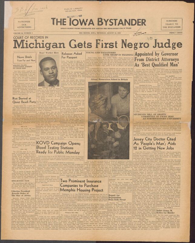 Contents include but are not limited to a historic African american newspaper form Des Moines, Iowa. It reports on a wide range of news important to Black communities locally and nationally highlighting discrimination in the military, civil rights efforts, political developments, community events, church activities, health campaigns, educational opportunities, and social gatherings. The paper features stories on Paul Robeson's passport controversy, local civic leaders, NAACP actions youth programs, housing issues, polio updates, and social notics such as family reunions and visitors. It also includes advertisements from Black owned businesses and notices for cultural events, reflecting the social, political, and economic life of mid-century African American communities in the Midwest.