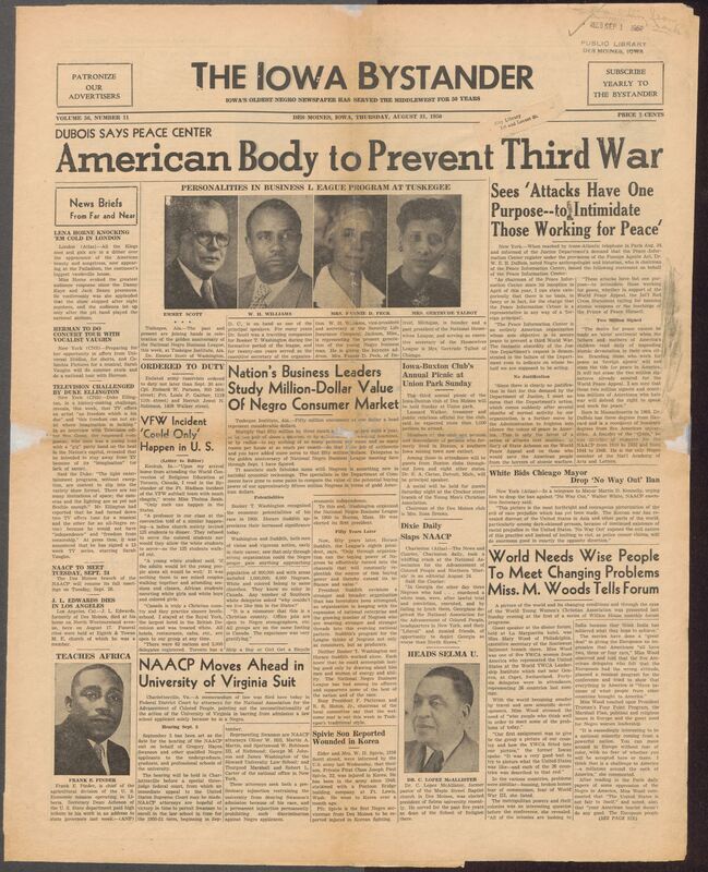 Contents include but are not limited to a African American newspaper covering community news, civil rights issues, national events, and local activities. Major sotires include Dr. W. E. B. Du Bois denouncing the U.S. Justic Department's demand that the Peace Information Center register as a foreign agent, emphasizing the intimidation of peace advocates during the Cold War. The paper also highlights the 50th anniversary of the National Negro Business League, efforts to promote Black economic empowerment, and the achievements of Afircan American professionals and organizations. Local Iowa coverage includes church events, community club meetings, social gatherings, births, deaths, and military updates. Advertisements from Black-owned businesses and classifieds fill the later pages, providing a snapshot of mid-20th-century African American life in Des Moines and surrounding areas.