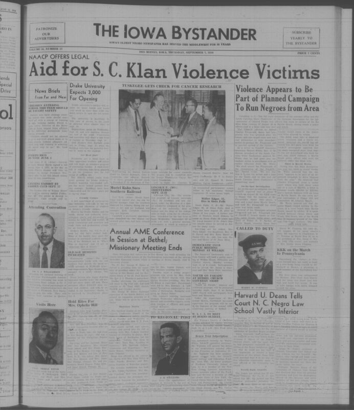 Contents include but are not limited to NAACP offers full legal defense after Ku Klux Klan violence and police shooting at Myrtle Beach to protect targeted Black business owners, Puerto Rico sets June 4 vote to decide self government status under new constitution plan, Tuskegee Institute receives $10,000 Navy funded grant to expand cancer research program, Drake University prepares for fall semester opening with 3,000 students and major campus activities, and other topics. 
