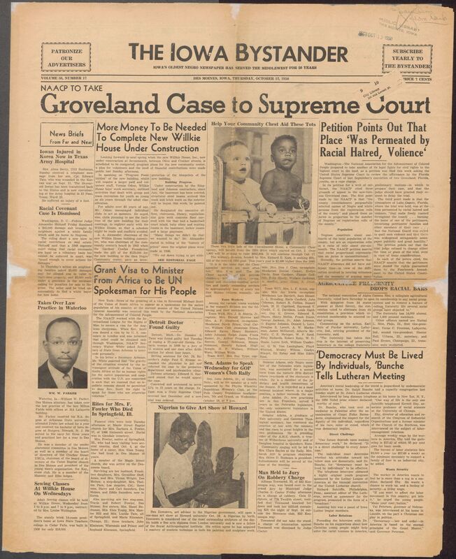 Contents include but are not limited to covering major civil rights news, community updates, and political activity within Iowa's African American community. Its leading story reports on the NAACP's plan to take the Groverland, Florida case to the U.S. Supreme Court, arguing racial hatred and legal unfairness in the trail of two Black youths. Other major pieces detail fundraising needs and construction progress for the new Willkie House community center in Des Moines, the dismissal of a racial covenant lawsuit, and reports on local soldiers injured in Korea. The issue also highlights discrimination converns, NAACP commentary, social events women's club activities, church announcements, and a wide range of political advertisements leading up to the election season. Additionally, it includes community obituaries, local business ads, and a strong focus on advocating civil rights, fair employment, better housing, and equitable public services.
