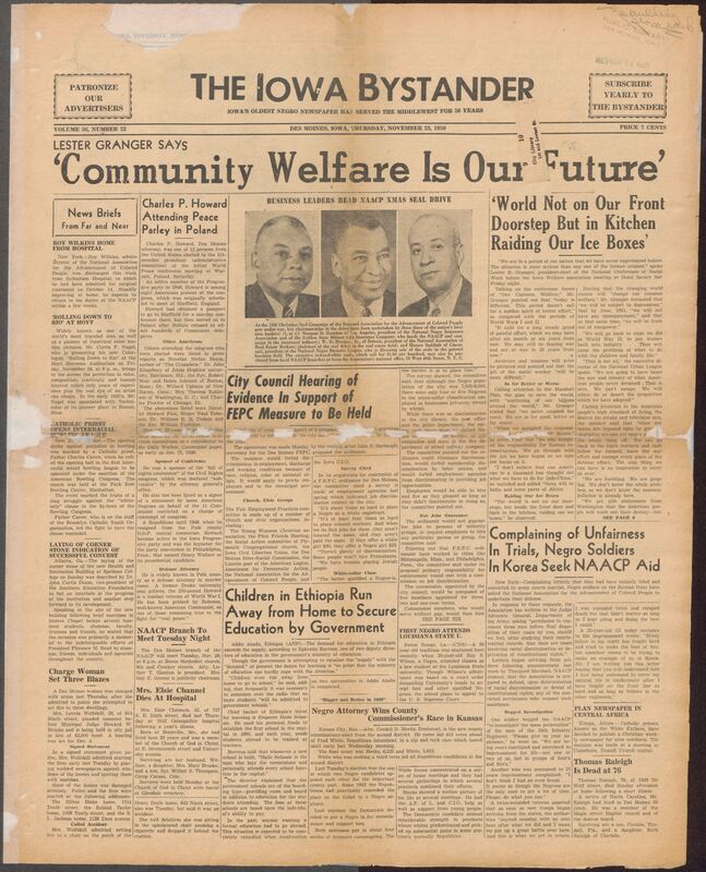 Contents include but are not limited to african americans in Des Moines and across the nation, including Lester Granger's warning that global tensions and economic uncertainty would deeply affect Black communities. It reports on discrimination in employment, efforts to establish a local Fair Employment Practices Commission, and NAACP actions on behalf of Black soldiers facing unfair treatment during the Korean War. Alongside national civil-rights coverage, the paper includes community news such as social events, housing struggles due to segregation, student art awards, church activities, and ads that reflect everyday Black life in mid-century Iowa.
