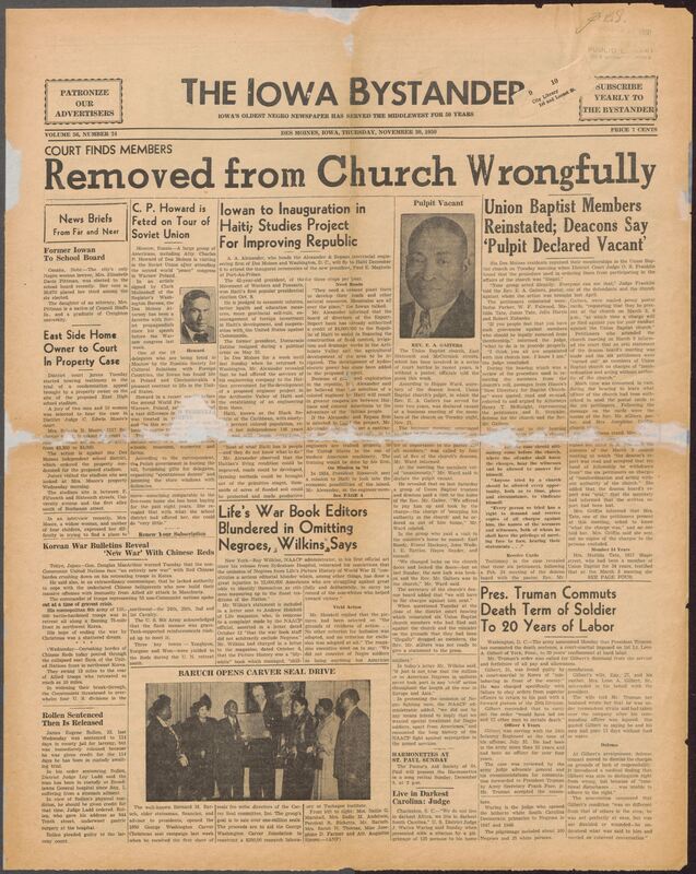 Contents include but are not limited to a major conflict at Union Baptist Church in Des Moines, where six longtime members were removed from church rolls before a judge ruled the action illegal, criticizing the pastor and deacons for violating proper procedure and church law. Alongside this central dispute, the issue reports on NAACP objections to unfair portrayals and disproportionate court martialing of Black soldiers in the Korean War, community events, club meetings, obituaries, and social gatherings that reflect the active civic and religious life of the local African American community. International voices appear as well, including African students discussing colonial hardships and hopes for economic and political progress. Advertisements for local Black owned businesses, church programs, and classified notices fill out the paper, offering a vivid snapshot of mid-20th-century Black life in Des Moines.