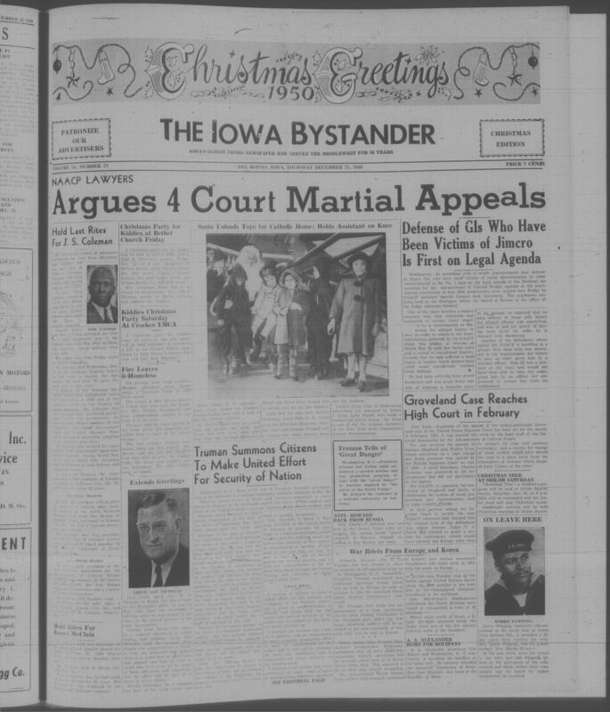 Contents include but are not limited to NAACP Lawyers Appeal Racially Biased Courts Martial To Defend Black GIs, Groveland Supreme Court Appeal Challenges Death Sentences And Racial Jury Bias, Truman Declares National Emergency And Calls Citizens To Unite For Defense, Fire Destroys Home Leaving Six People Homeless In Des Moines, and other topics. 