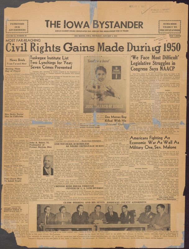 Contents include but are not limited to historic African American newspaper from Des Moines that reports on civil rights progress, community events, and national news affecting Black Americans. The issue highlights significant civil-rights gains of 1950 as described by NAACP secretary Walter White, including major Supreme Court victories, integration progress, and new challenges expected in the 82nd Congress. It also documents contemporary racial violence such as lynchings recorded by Tuskegee Institute, community activism against housing discrimination, and NAACP legal defense work. Alongside national coverage, the paper includes numerous local stories: church announcements, obituaries, club gatherings, holiday events, military updates, social columns, and local business advertisements that paint a detailed picture of mid-century Black life in Iowa.