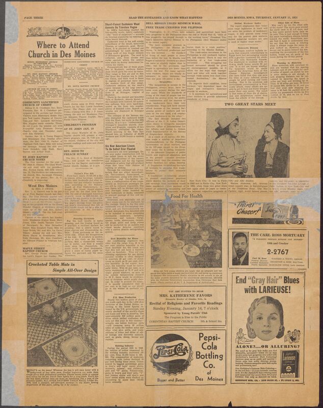 Contents include but are not limited to Iowa's oldest African Ameriacn newspaper, covering local, national, and international news affecting Black communities. Major stories include ongoing efforts to establish fair employment practices in Des Moines, with debates between adopting a legally enforceable FEPC ordinance versus creating a voluntary human rights commission; national civil rights concerns suchs as the NAACP's criticism of Senate leadership choices and the push for federal FEPC action; and President Truman's State of the Union remarks emphasizing equality and global conflict. The paper also reports on Iowa soldiers returning from the Korean War, college scholarship opportunities for Black students, community events, church and club activities, local obituaries, crime reports, and a variety of ads and announcements reflecting mid-century Black life in Iowa.
