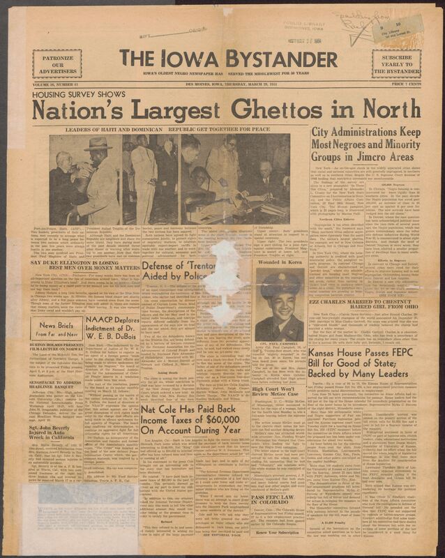 Contents include but are not limited to survey reveals Northern cities strongly enforce racial housing segregation, Kansas House passes fair employment bill prohibiting racial discrimination, Haitian and Dominican presidents meet to establish historic peace, contradictory police reports strengthen defense in Trenton Six trial, NAACP deplores Justice Department indictment of Dr. W.E.B. DuBois, and other topics.