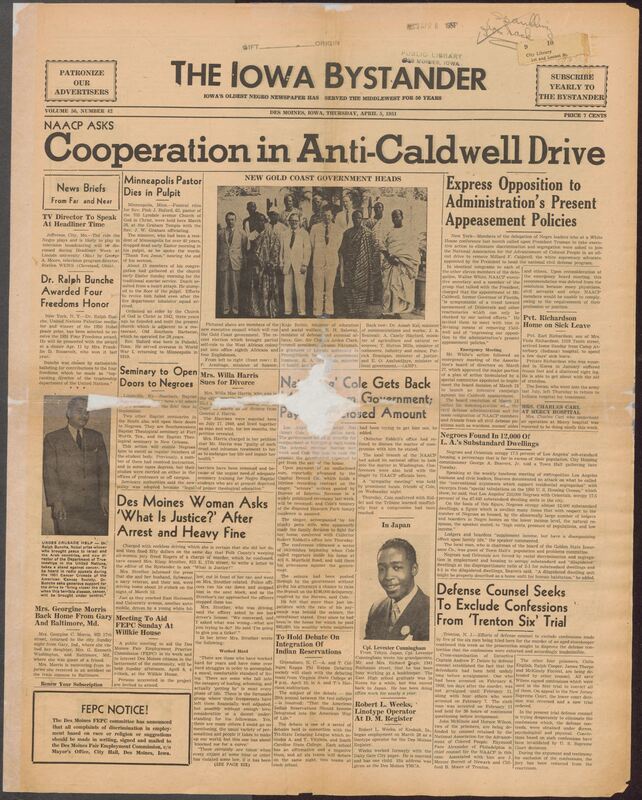 Contents include but are not limited to NAACP urges leaders to protest Millard Caldwell's civil defense appointment, Los Angeles minorities suffer disproportionate rates of substandard housing, defense attorneys seek to exclude coerced confessions in Trenton trial, Minneapolis minister dies of heart attack during Easter Sunday sermon, Nat King Cole reclaims mansion after settling delinquent tax debt, Black colleges host debate on integrating American Indian reservations, and other topics.